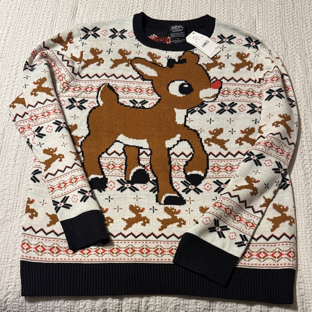 Men's Festive Reindeer Sweater - Cream, Brown, Black